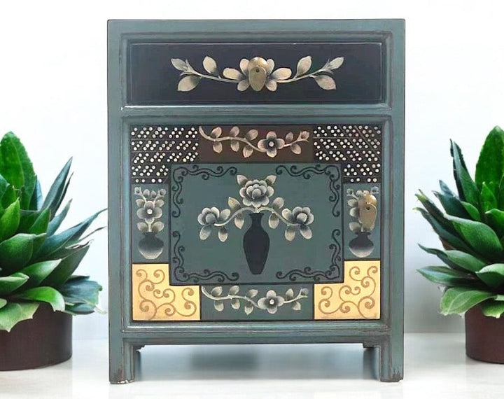 Vintage Asia Chinese Bedside Table Nightstand "Oceanflowers" - Item 35191-6