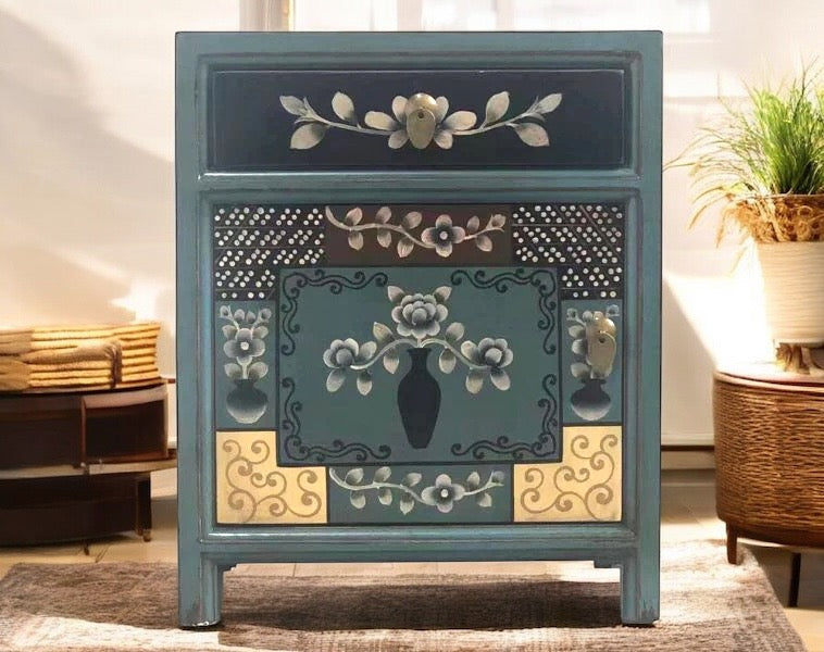 Vintage Asia Chinese Bedside Table Nightstand "Oceanflowers" - Item 35191-6