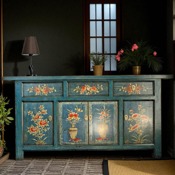 Vintage Asia Oriental Chest Sideboard Cabinet Blue-Orange - Item 34372-1