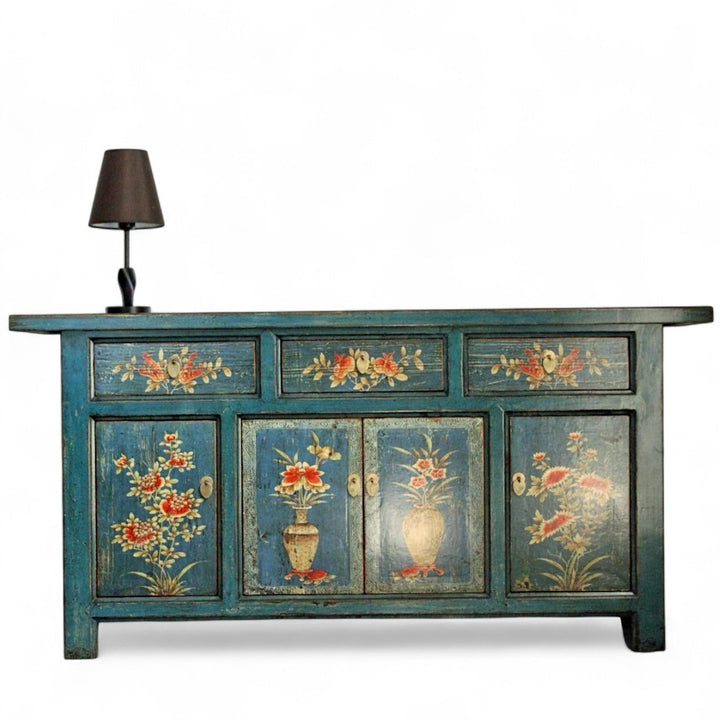 Vintage Asia Oriental Chest Sideboard Cabinet Blue-Orange - Item 34372-1