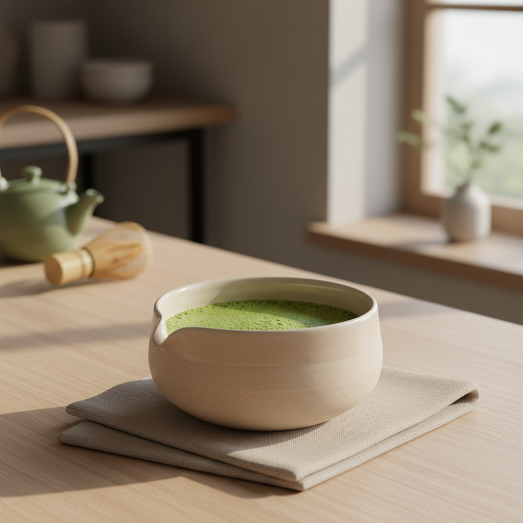 Matcha Chawan Beige - Hand-thrown stoneware matcha bowl with spout, 360 ml (Mannheim)