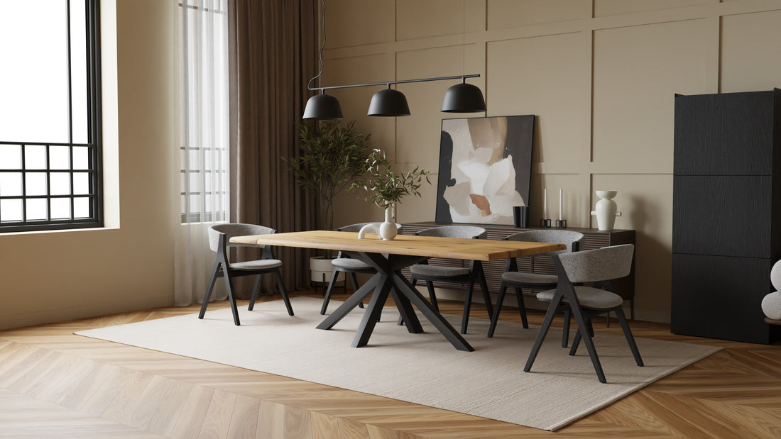 Solid Oak Dining Table with Live Edge & Spider Base – 160×90 cm, extendable to 240 cm with 2 extension leaves (natural oiled)