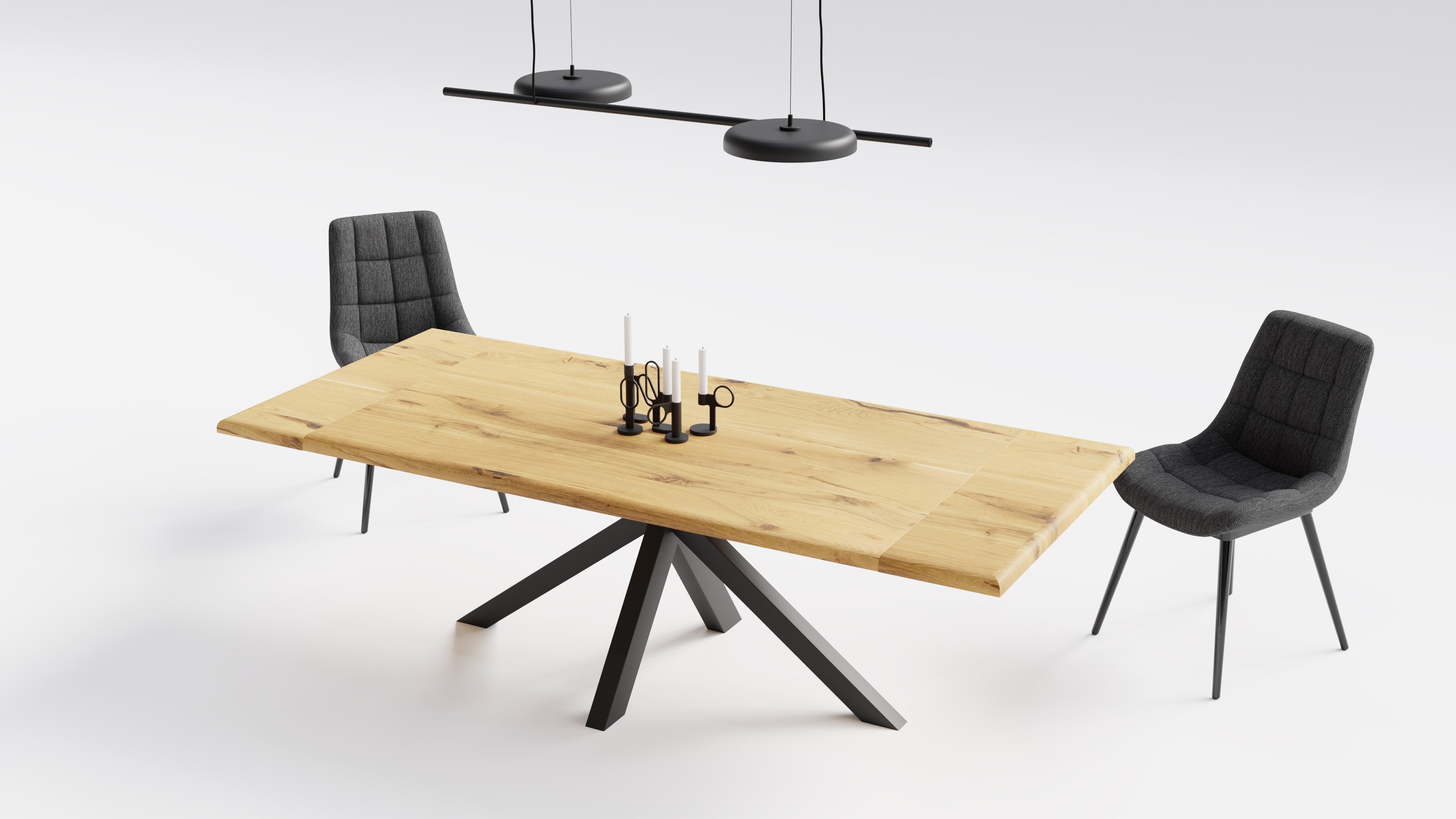 Solid Oak Dining Table with Live Edge & Spider Base – 160×90 cm, extendable to 240 cm with 2 extension leaves (natural oiled)