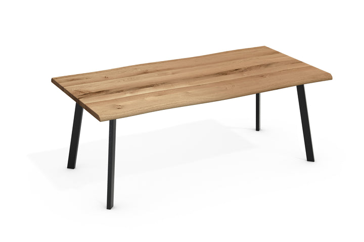 Dining Table LUKAS Solid Oak with Live Edge – 4.5 cm Top (doubled), 4-Leg Rectangular Tube Angled Black Metal (180–240 cm)