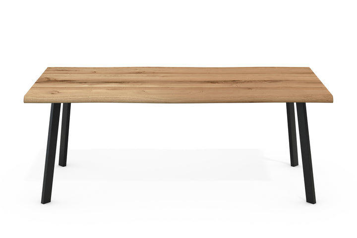 Dining Table LUKAS Solid Oak with Live Edge – 4.5 cm Top (doubled), 4-Leg Rectangular Tube Angled Black Metal (180–240 cm)
