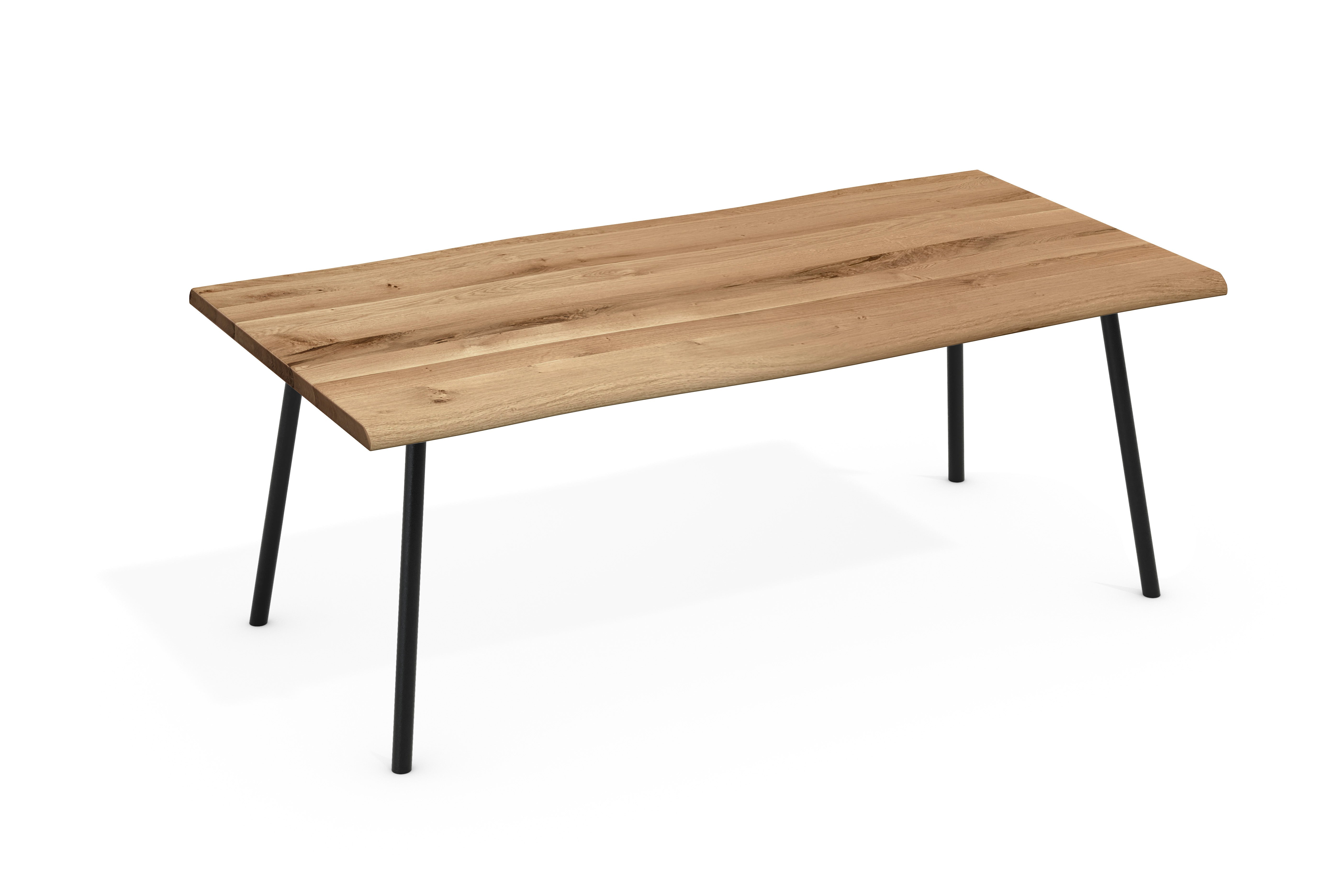 Dining Table OSKAR Solid Oak with Live Edge – 4.5 cm Thick Top (doubled), 4-Leg Round Tube Angled Black Metal (180–240 cm)
