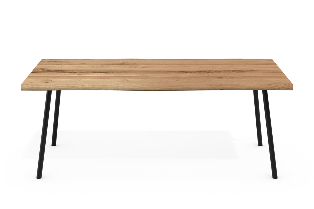 Dining Table OSKAR Solid Oak with Live Edge – 4.5 cm Thick Top (doubled), 4-Leg Round Tube Angled Black Metal (180–240 cm)