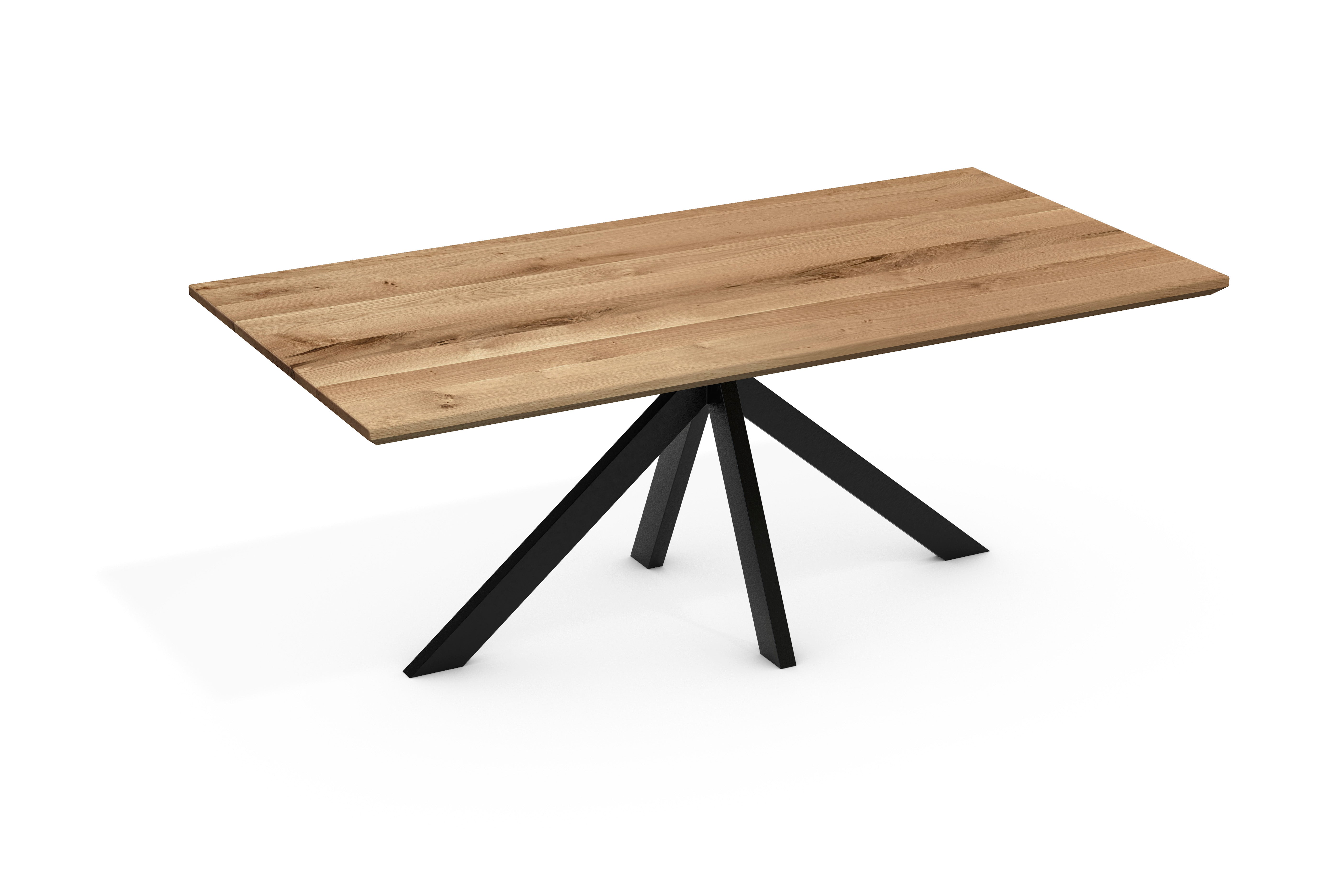 Dining Table ANTON Wild Oak Solid Wood with Swiss Edge – 3 cm Top, Spider Leg Metal Black, Oiled (160–240 cm)