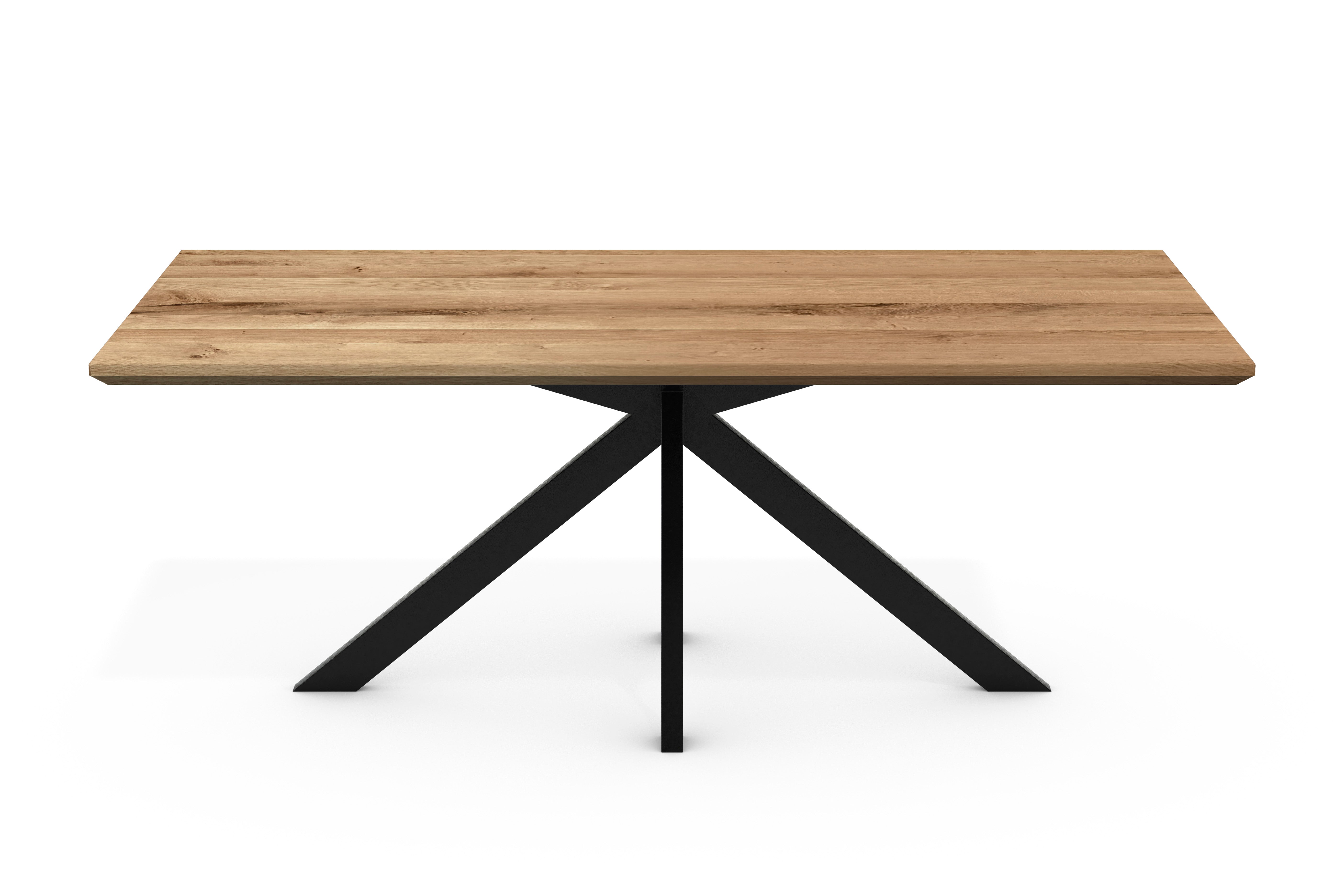 Dining Table ANTON Wild Oak Solid Wood with Swiss Edge – 3 cm Top, Spider Leg Metal Black, Oiled (160–240 cm)