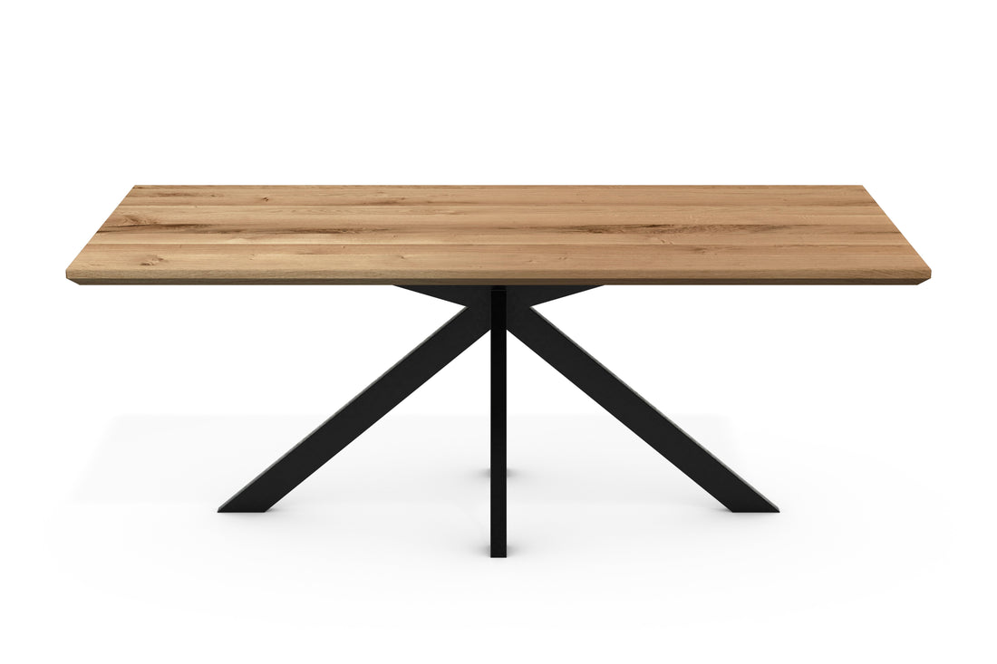 Dining Table ANTON Wild Oak Solid Wood with Swiss Edge – 3 cm Top, Spider Leg Metal Black, Oiled (160–240 cm)