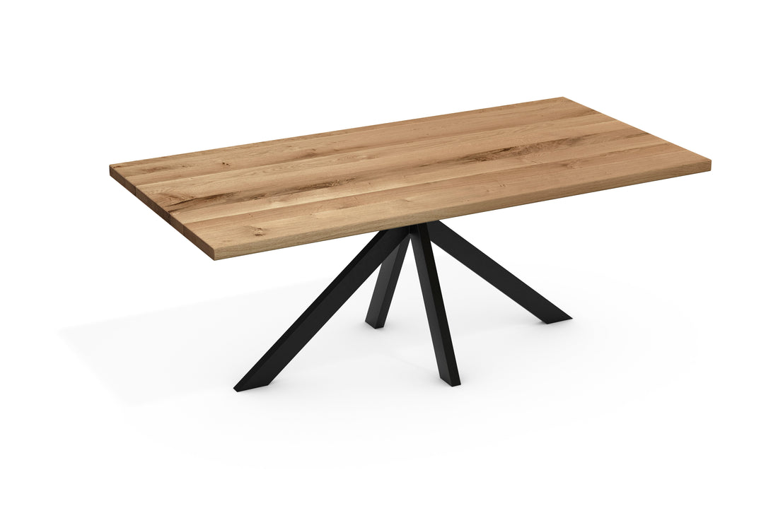 Dining table LEEDS wild oak solid oiled – 4.5 cm top (doubled) with straight edge, spider frame metal black (160–240 cm)