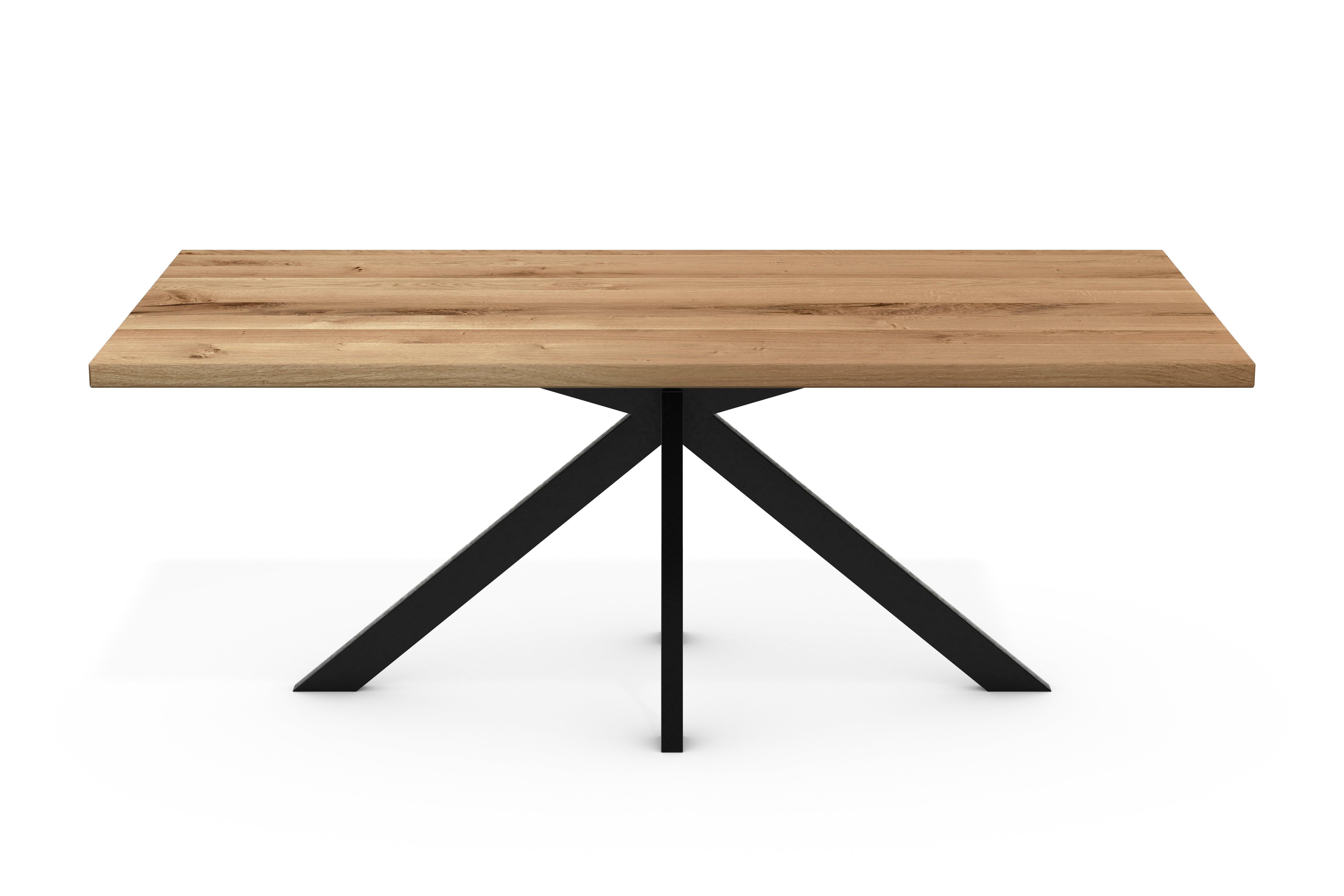 Dining table LEEDS wild oak solid oiled – 4.5 cm top (doubled) with straight edge, spider frame metal black (160–240 cm)