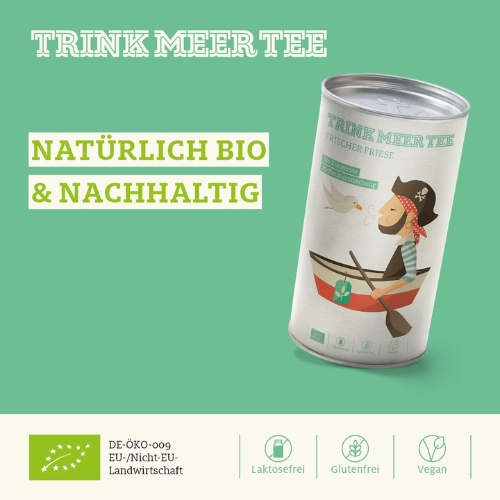 Trink Meer Tee Pfefferminztee Frischer Friese Bio Kräutertee in Teebeuteln, erfrischend und aromatisch, handgenähte Kissenbeutel aus Netzmaterial, maritimes Design, hergestellt in Deutschland - 15 x 1,5g Beutel