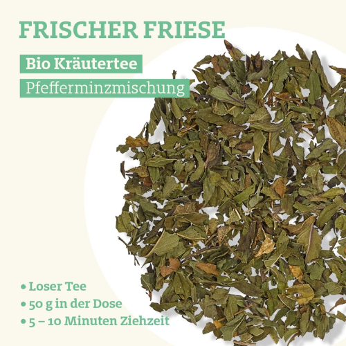 Trink Meer Tee Pfefferminztee Frischer Friese Bio Kräutertee in Teebeuteln, erfrischend und aromatisch, handgenähte Kissenbeutel aus Netzmaterial, maritimes Design, hergestellt in Deutschland - 15 x 1,5g Beutel