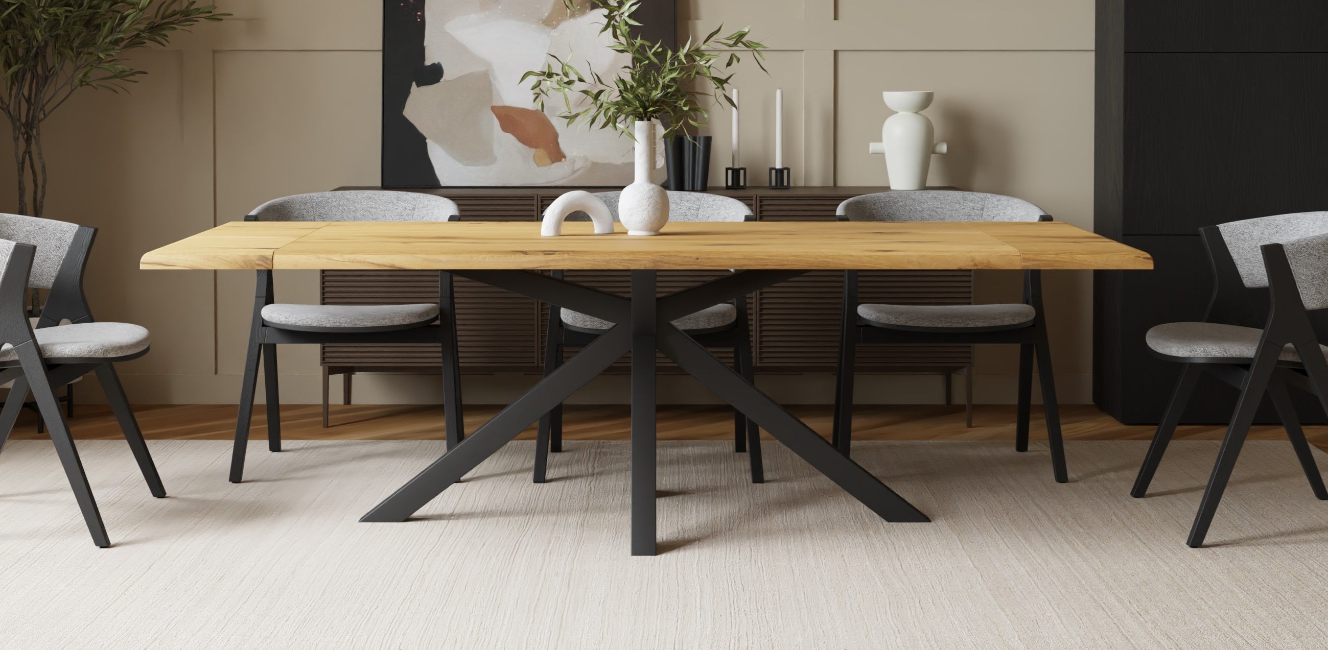 Solid Oak Dining Table with Live Edge & Spider Base – 160×90 cm, extendable to 240 cm with 2 extension leaves (natural oiled)
