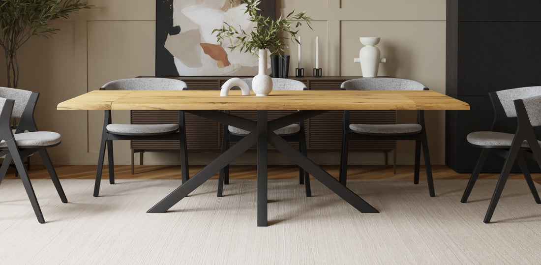 Solid Oak Dining Table with Live Edge & Spider Base – 160×90 cm, extendable to 240 cm with 2 extension leaves (natural oiled)