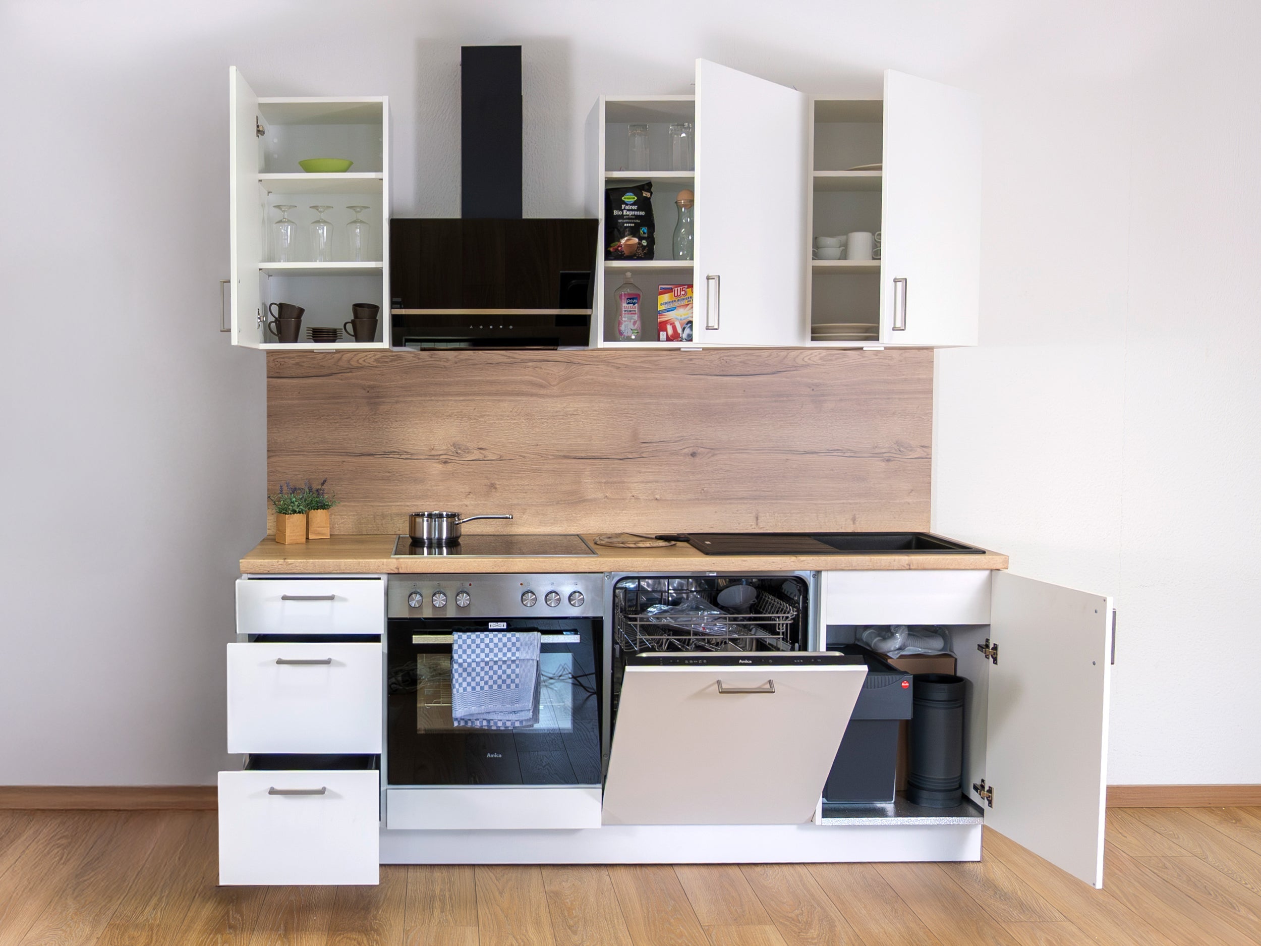 210cm GEBA Complete Kitchenette - pre-assembled with or without electrical appliances, niche back panel & LED lighting