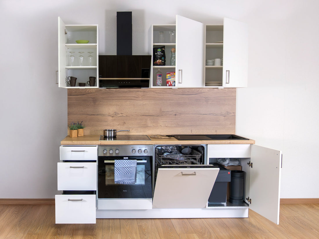 210cm GEBA Complete Kitchenette - pre-assembled with or without electrical appliances, niche back panel & LED lighting