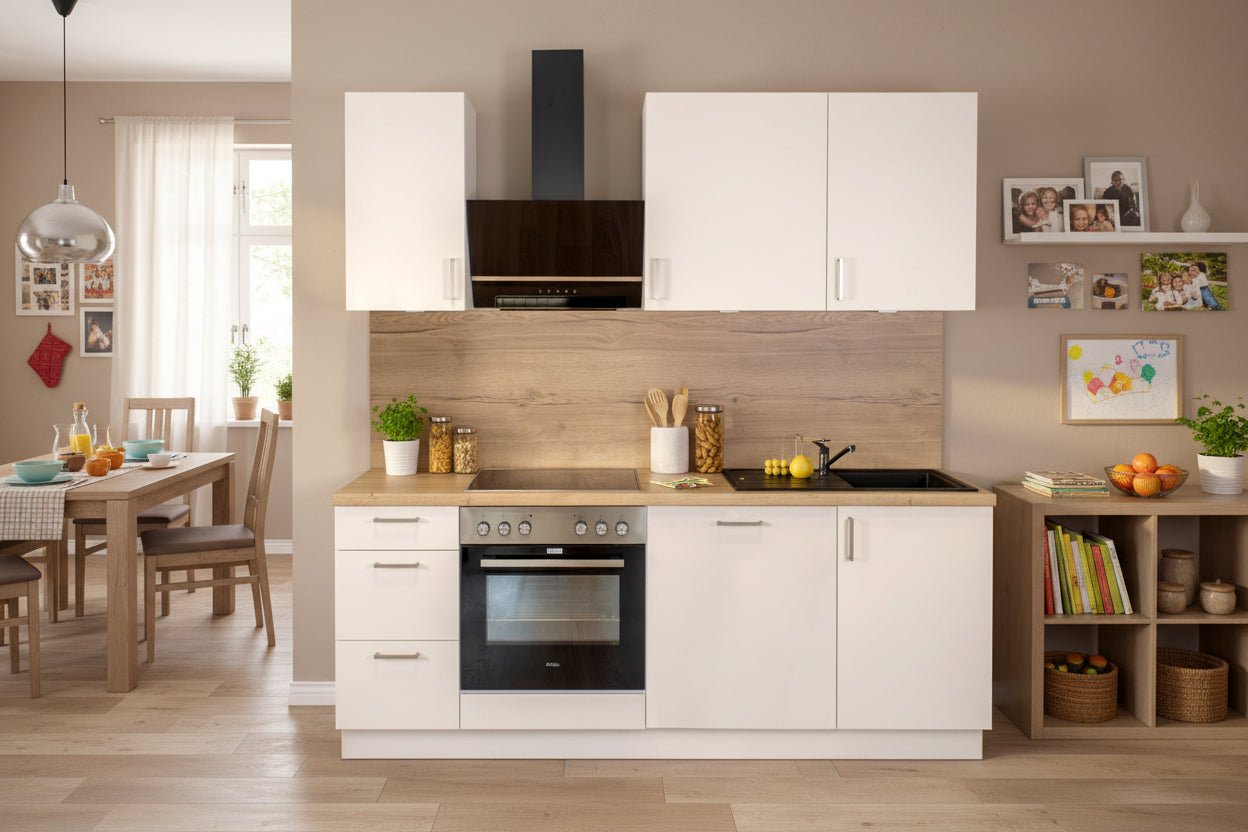 210cm GEBA Complete Kitchenette - pre-assembled with or without electrical appliances, niche back panel & LED lighting