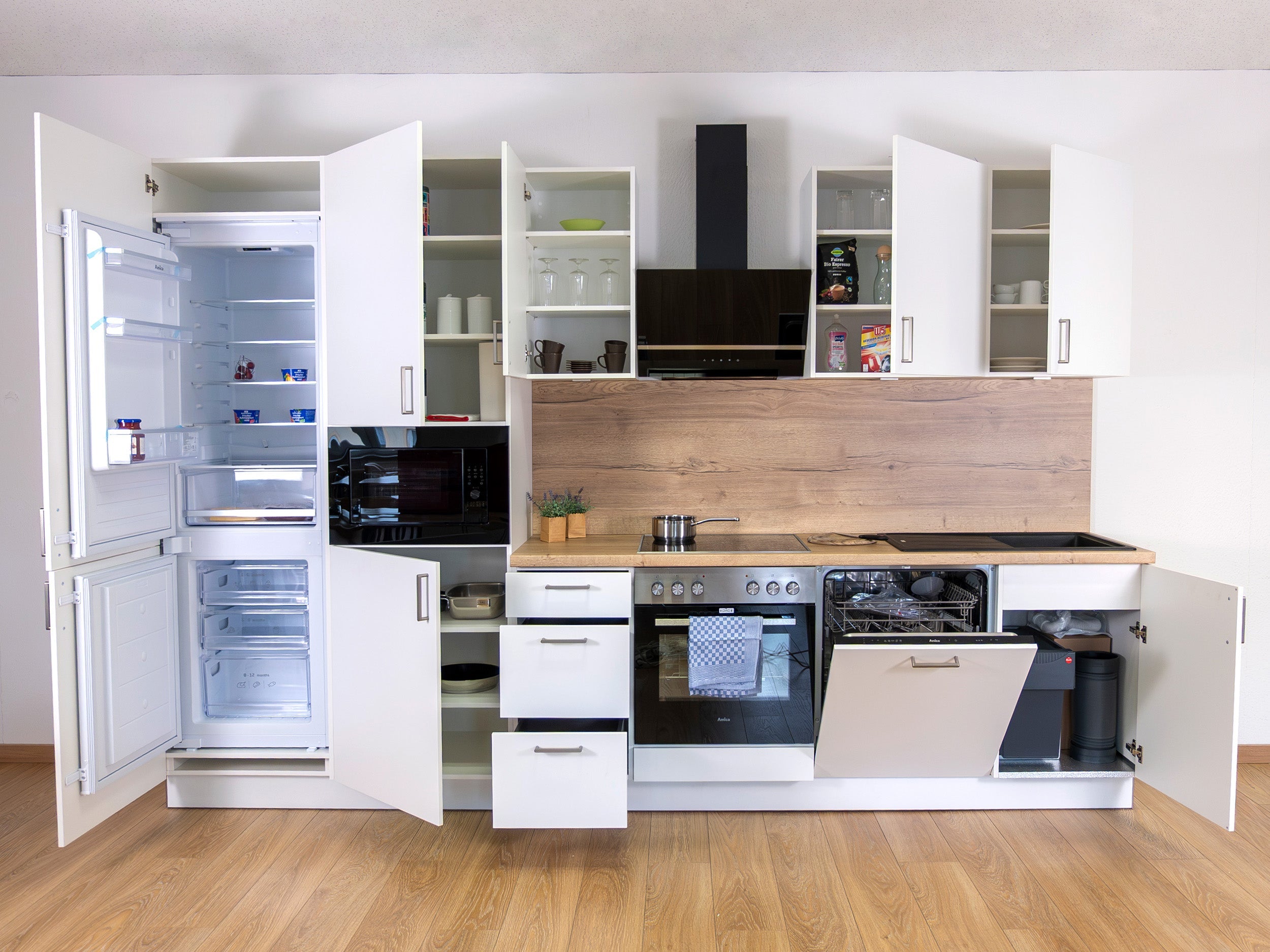 330cm GEBA Complete Kitchen Unit – pre-assembled with or without appliances, niche back panel & LED lighting
