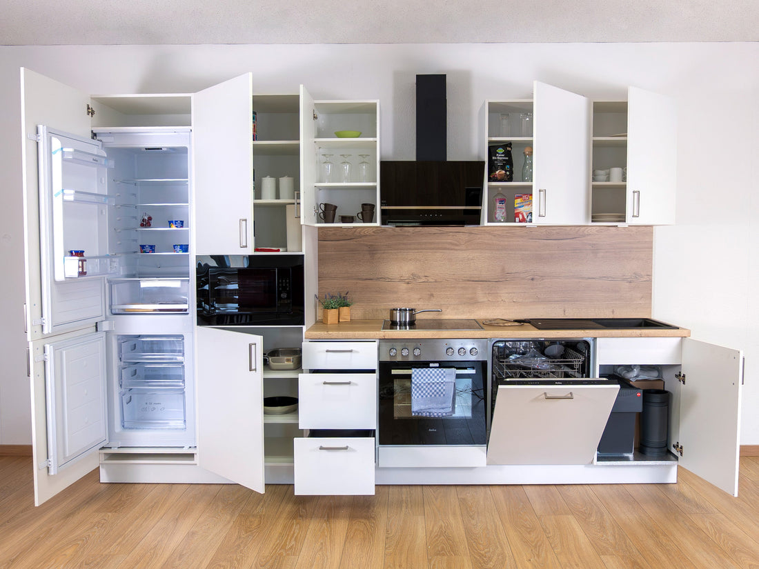 330cm GEBA Complete Kitchen Unit – pre-assembled with or without appliances, niche back panel & LED lighting