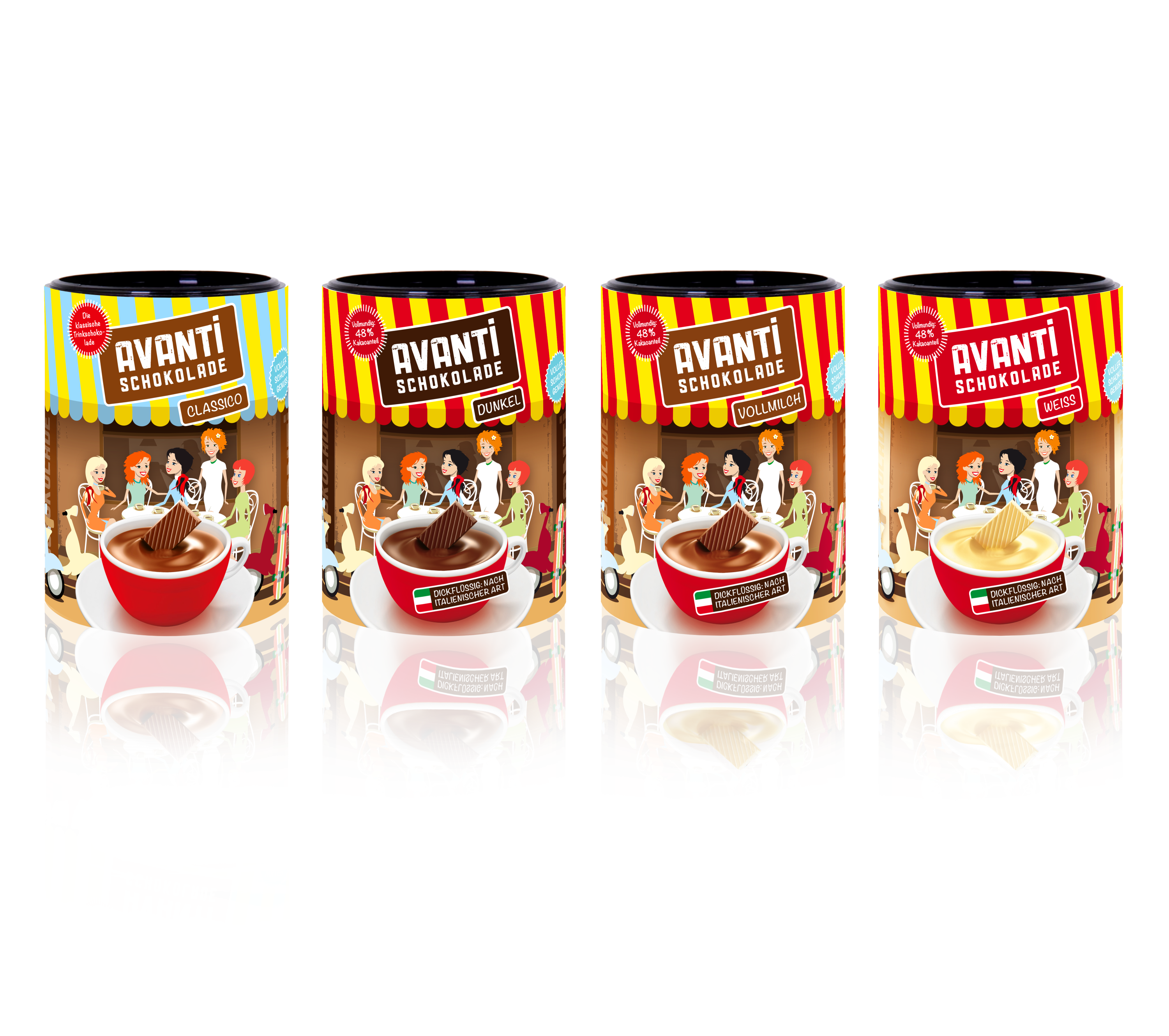 AVANTI Drinking Chocolate 4-Pack Mix – 4x400g Cans (White, Milk, Dark, Classic) – Italian Creamy & Additive-Free