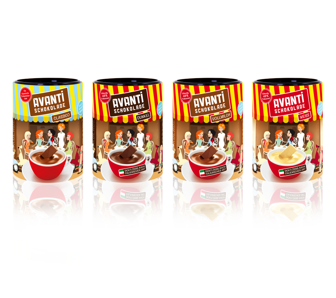 AVANTI Drinking Chocolate 4-Pack Mix – 4x400g Cans (White, Milk, Dark, Classic) – Italian Creamy & Additive-Free