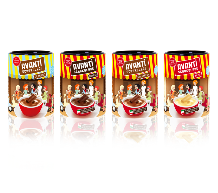 AVANTI Drinking Chocolate 4-Pack Mix – 4x400g Cans (White, Milk, Dark, Classic) – Italian Creamy & Additive-Free