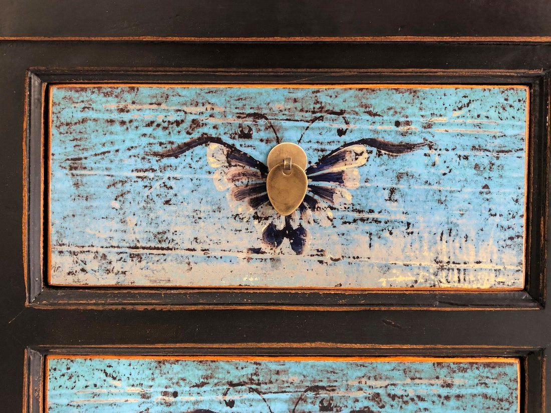Vintage Asia Asian Lowboard Chest of Drawers Bench Turquoise-Black - Art. 35208-5