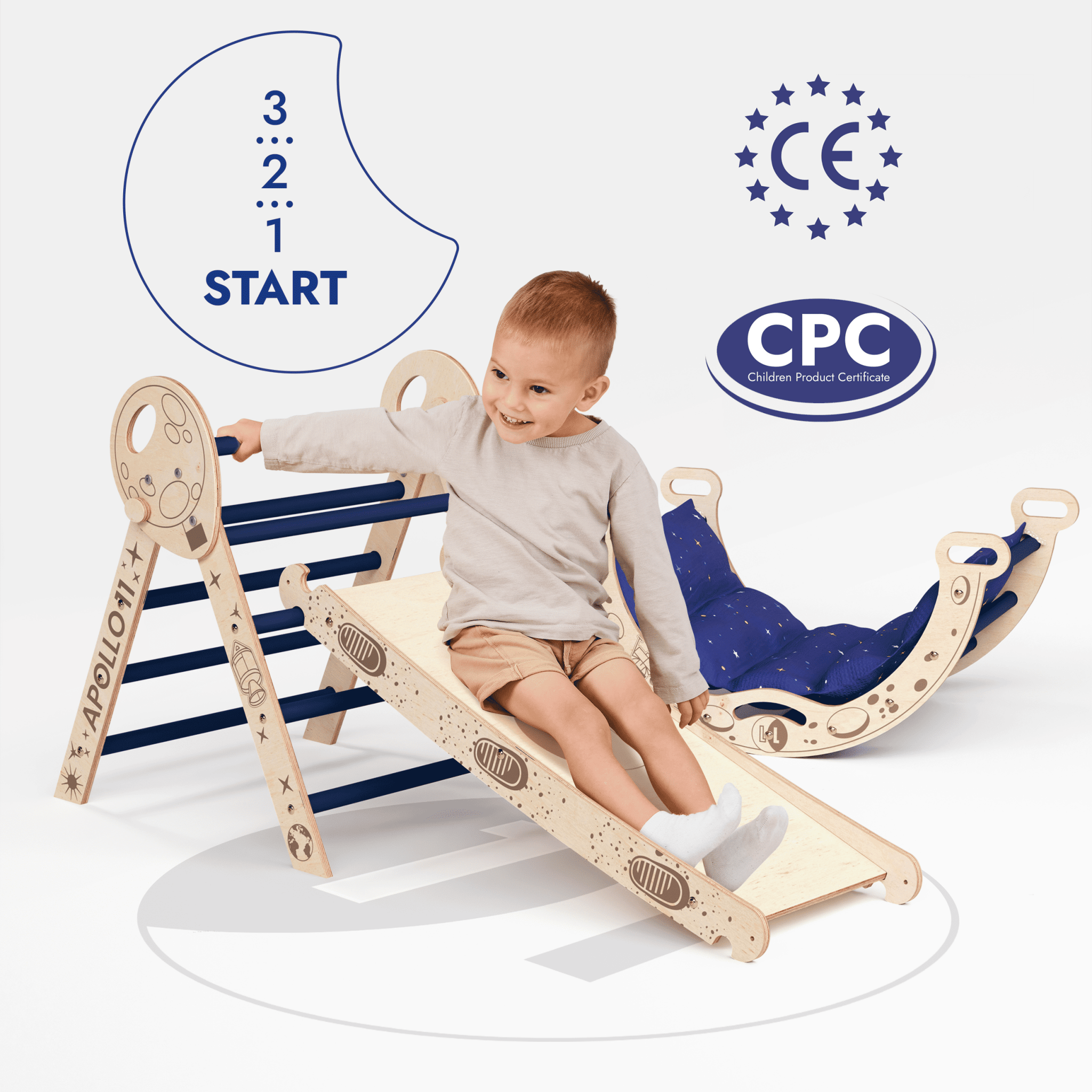 Apollo 4in1 Kletterset: Pikler-Dreieck, Kletterbogen, Rutschbrett und Kissen für kleine Kleinkind-Astronauten