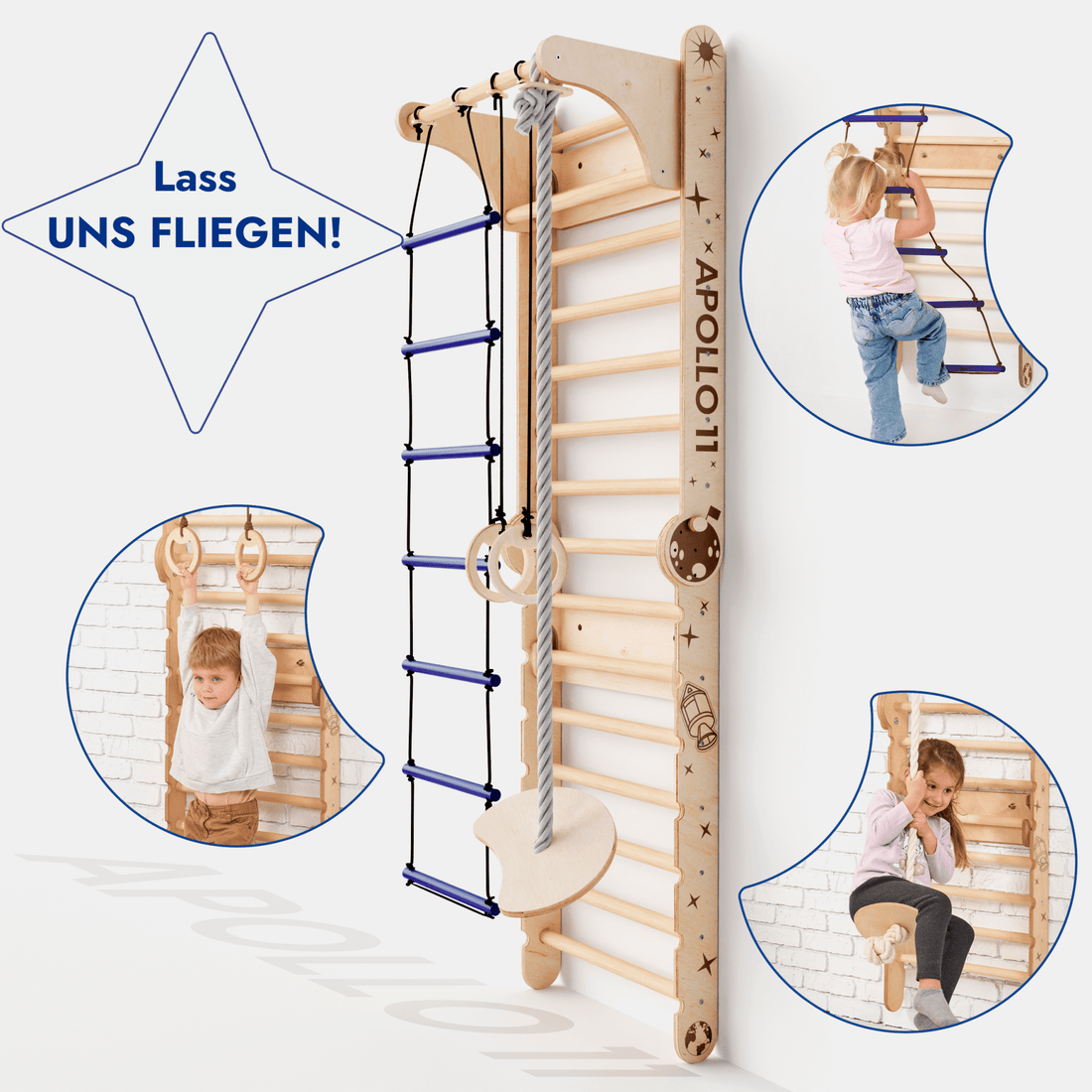 Apollo Schwedische Wand / Kletterleiter für kleine Astronauten + Mondschaukel-Set + Rutschbrett