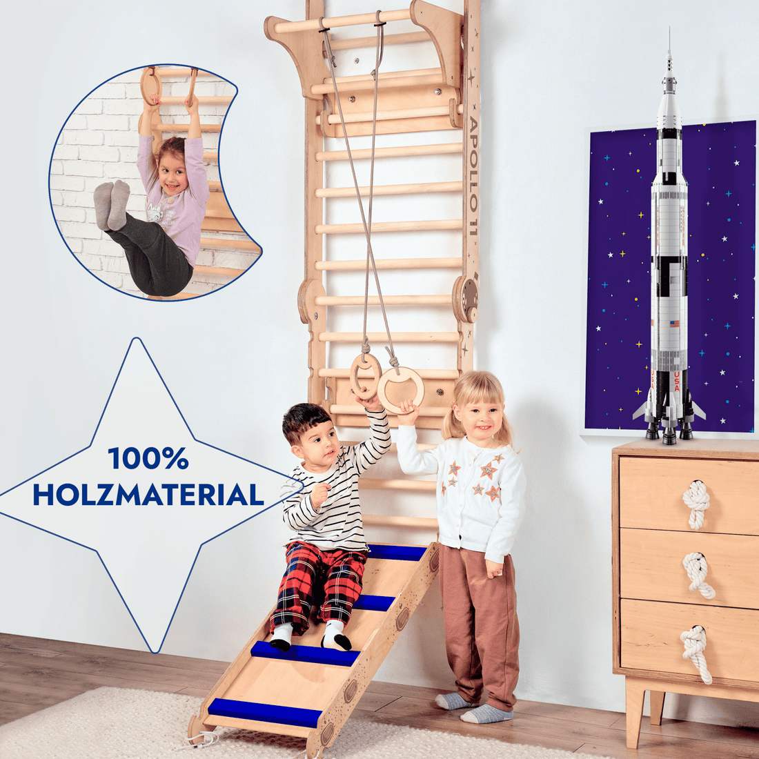 Apollo Schwedische Wand / Kletterleiter für kleine Astronauten + Mondschaukel-Set + Rutschbrett