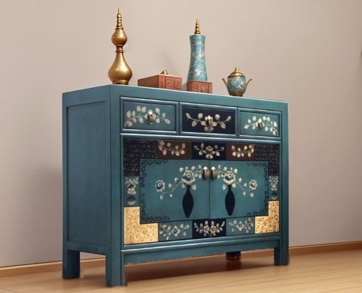Vintage Asia Chinese Chest of Drawers Sideboard Shelf "Oceanflowers" - Item 33082-5