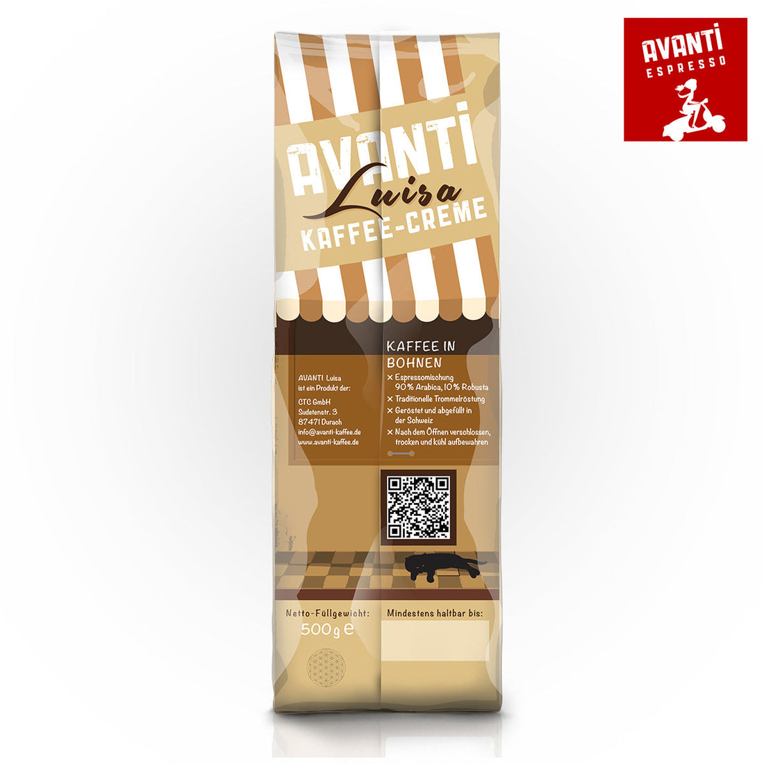 Caffè AVANTI LUISA Café Crème – 1 kg Beans (90% Arabica / 10% Robusta), mild & fruity, drum roasted Switzerland