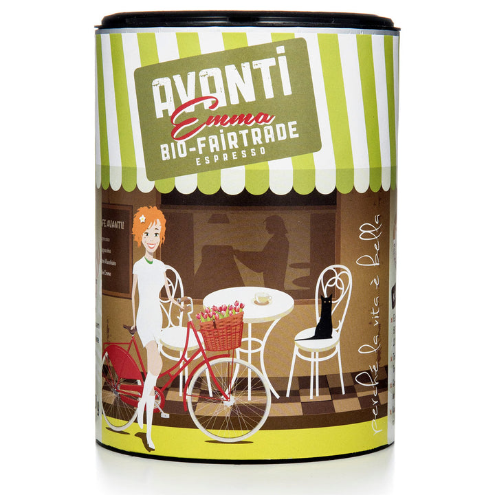 Caffè AVANTI EMMA Organic Fairtrade Espresso – 250 g tin, ground (80% Arabica / 20% Robusta), mild & fruity
