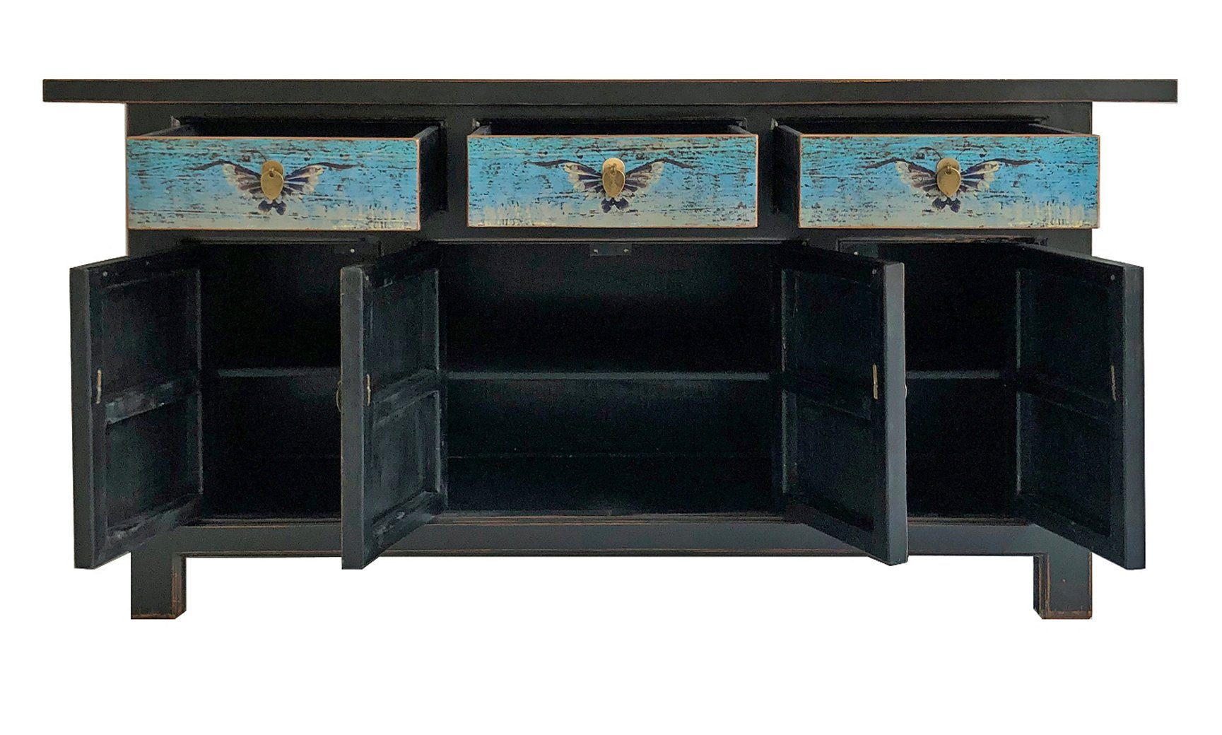 Vintage Asia Oriental Chest Sideboard Cabinet Turquoise Blue - Item No. 34372-5