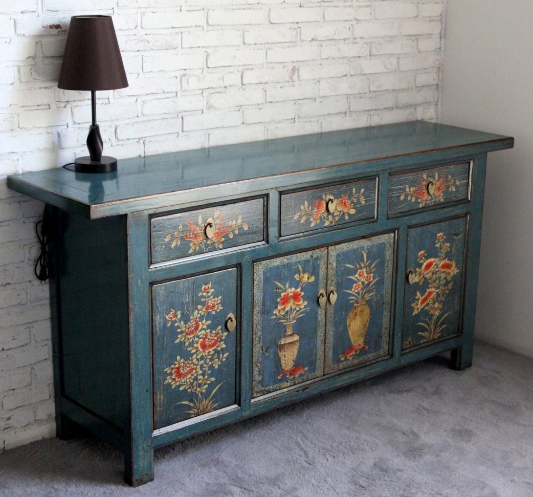 Vintage Asia Orientalische Kommode Sideboard Schrank Blau-Orange - Art. 34372-1