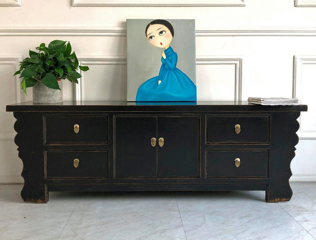 Vintage Asia Asian Lowboard Chest of Drawers Bench Black - Item 35208-2
