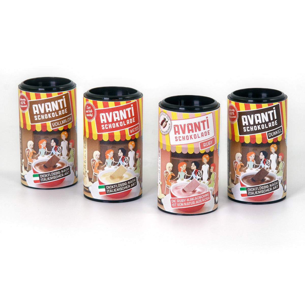 AVANTI Drinking Chocolate Tasting Set - 4x30g Mini Tins (Ruby, White, Dark, Milk Chocolate) - Italian Creamy