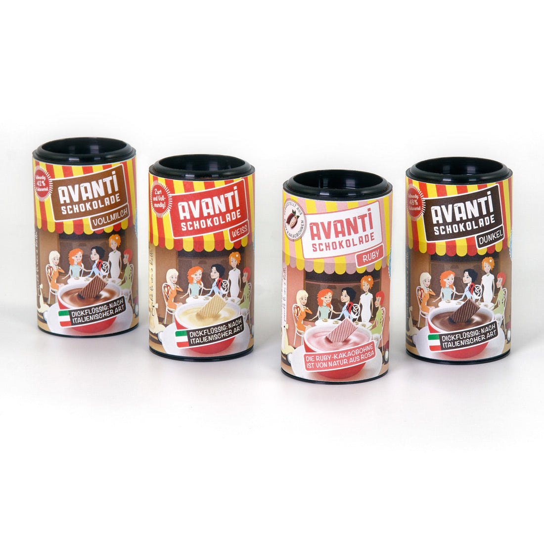 AVANTI Drinking Chocolate Tasting Set - 4x30g Mini Tins (Ruby, White, Dark, Milk Chocolate) - Italian Creamy