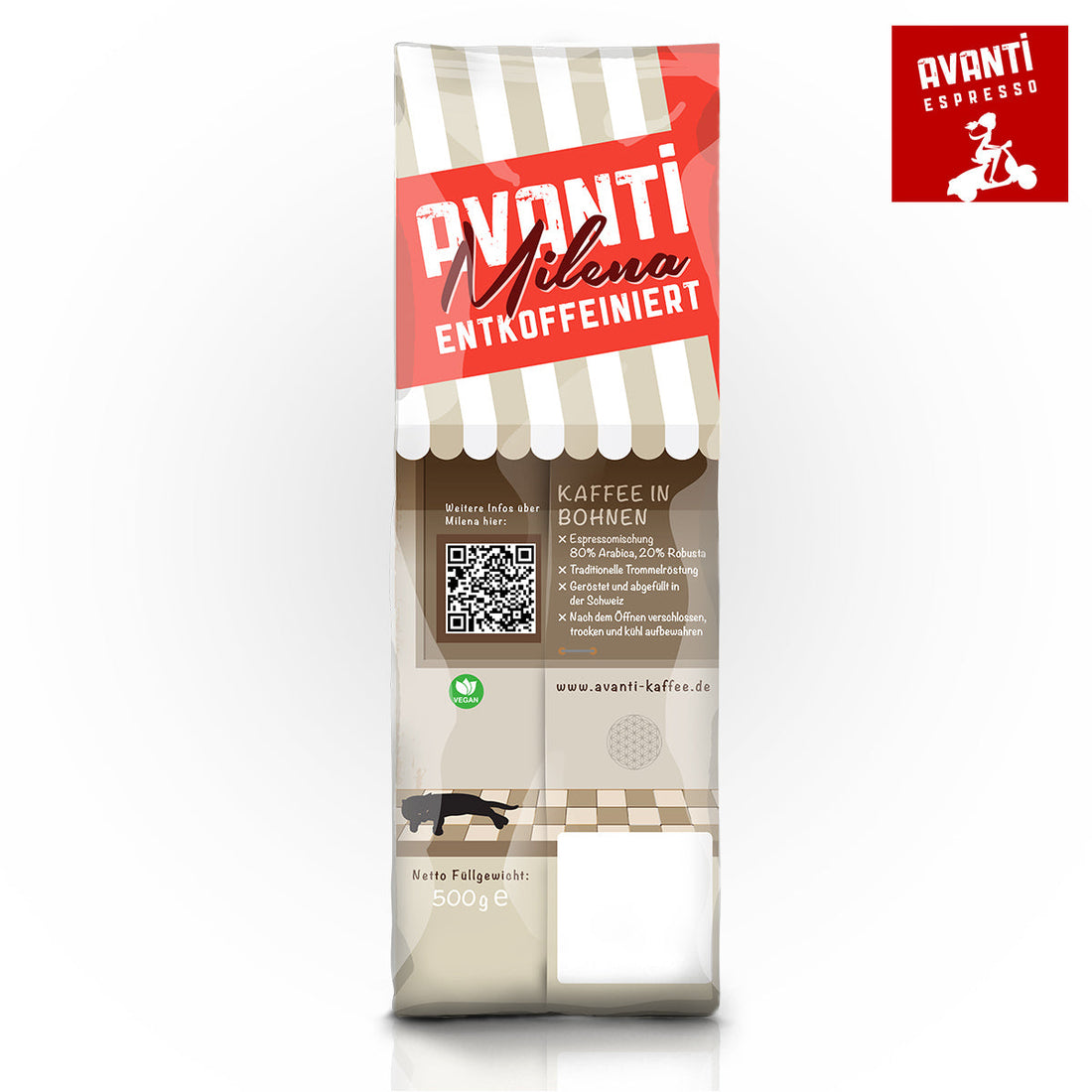 Caffè AVANTI MILENA Espresso Decaffeinated – 500g Beans (Swiss Water®, 80% Arabica / 20% Robusta), Swiss Roast