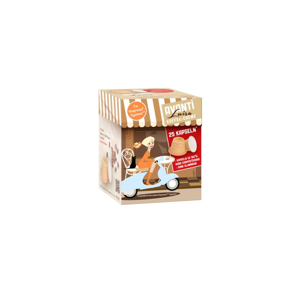 AVANTI LUISA Biocaps – 25 Caffè Crema capsules (Nespresso® compatible), home compostable & aluminum-free, mild & fruity
