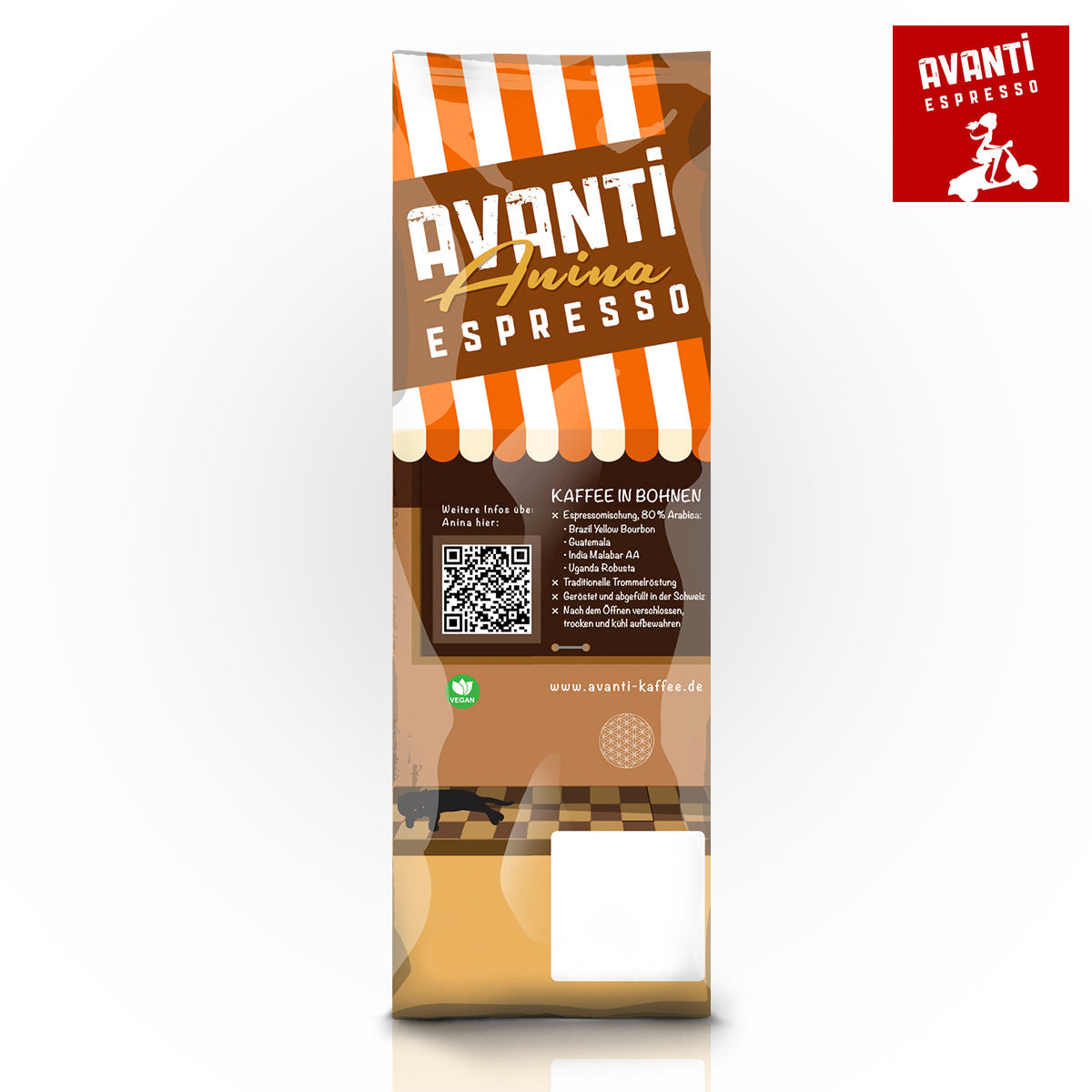 Caffè AVANTI Espresso "Anina" – 500g beans (80% Arabica / 20% Robusta), mild, low-acid, nutty & dark chocolate