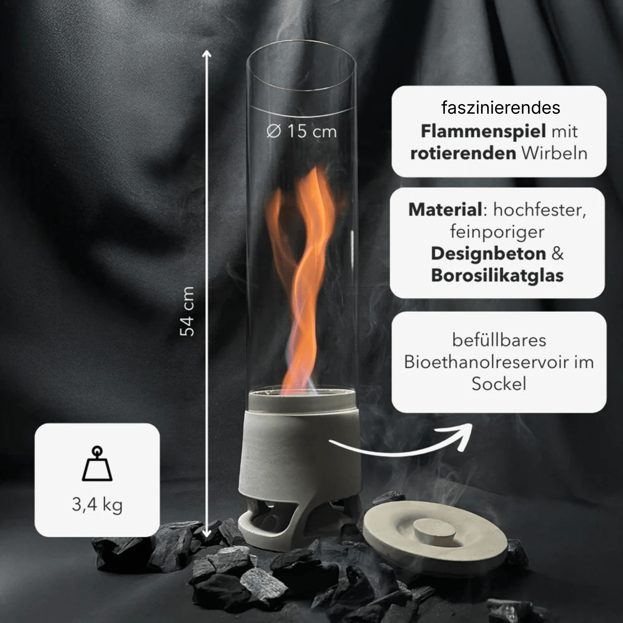 Standfeuer LUCEO Outdoor – stilvolles Tischfeuer mit drehender Flamme