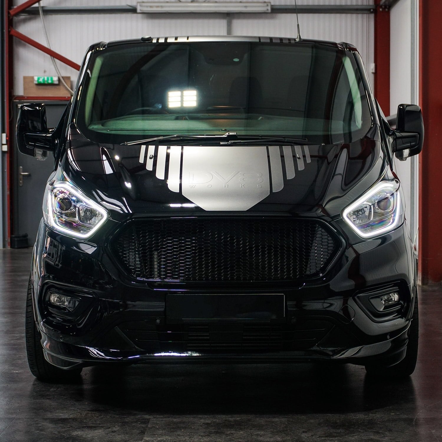 For Ford Transit Custom Honeycomb Grille Set - Gloss Black Top &amp; Matte Black Lower - Ready to Fit