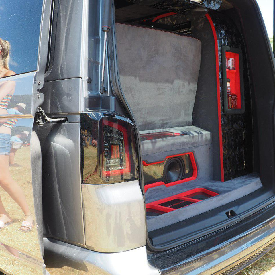 VW T5/T5.1 LED Tail Lights MK3 Smoke – Red Bar Design, Dynamic Turn Signal, E-Mark & TÜV, LHD only + Tailgate | Set (2 pieces)