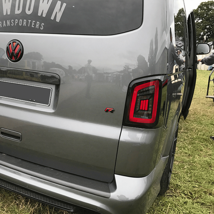 VW T5/T5.1 LED Tail Lights MK3 Smoke – Red Bar Design, Dynamic Turn Signal, E-Mark & TÜV, LHD only + Tailgate | Set (2 pieces)
