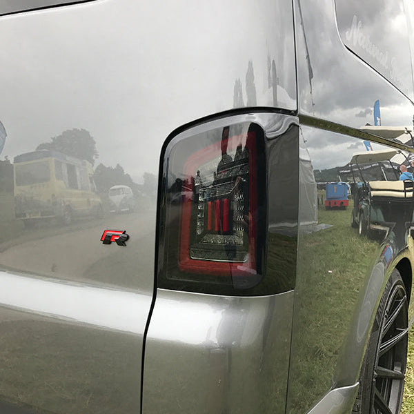 VW T5/T5.1 LED Tail Lights MK3 Smoke – Red Bar Design, Dynamic Turn Signal, E-Mark & TÜV, LHD only + Tailgate | Set (2 pieces)