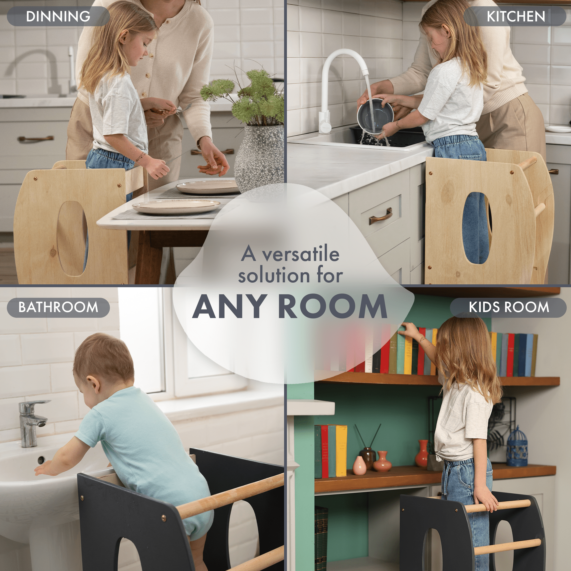 Stable Montessori Learning Tower: Grow-With-Me Wooden High Chair – Beige
