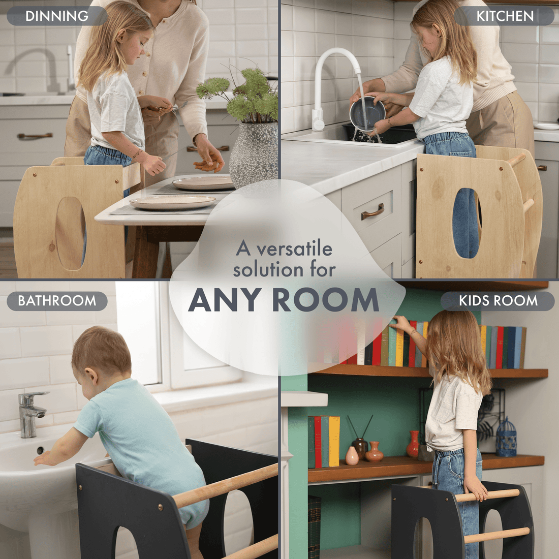 Stable Montessori Learning Tower: Grow-With-Me Wooden High Chair – Beige